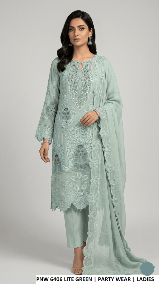 Chiffon straight shirt plazo PNW 6406 LITE GREEN - Pakistani women's party wear with grip plazo and chiffon dupatta front view