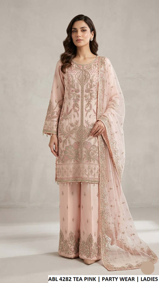 Net straight shirt plazo tea pink - Pakistani women's party wear with viscose trouser and net dupatta front view