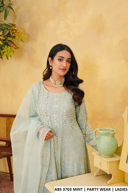 Mint green chiffon Pakistani women's frock side view