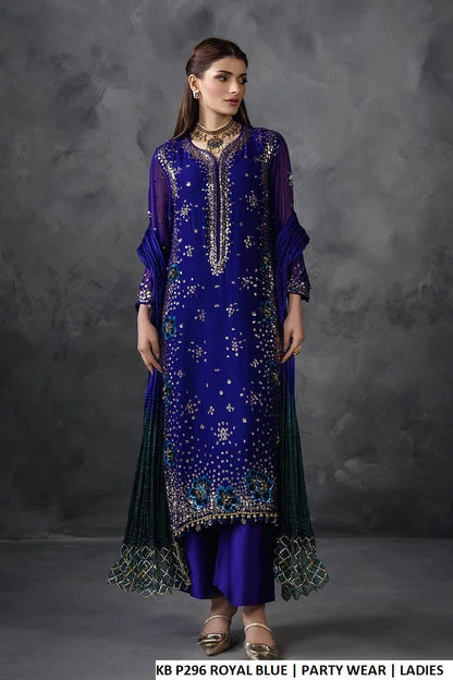 Crinkle chiffon embellished shirt royal blue - Pakistani women's luxury party wear with chermeuse silk shalwar and silk dupatta front view