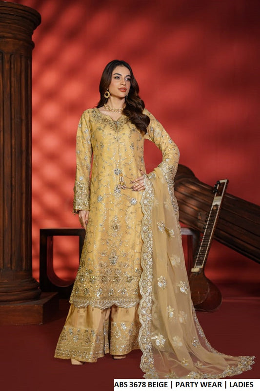 Soft net straight shirt plazo beige - Pakistani women's formal party wear with viscose plazo and net dupatta front view