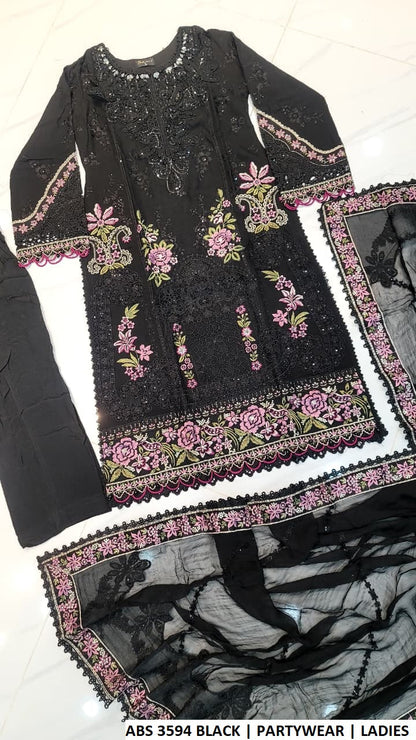 ABS 3594 BLACK - Black Chiffon Straight 3-Piece Women's Pakistani Suit