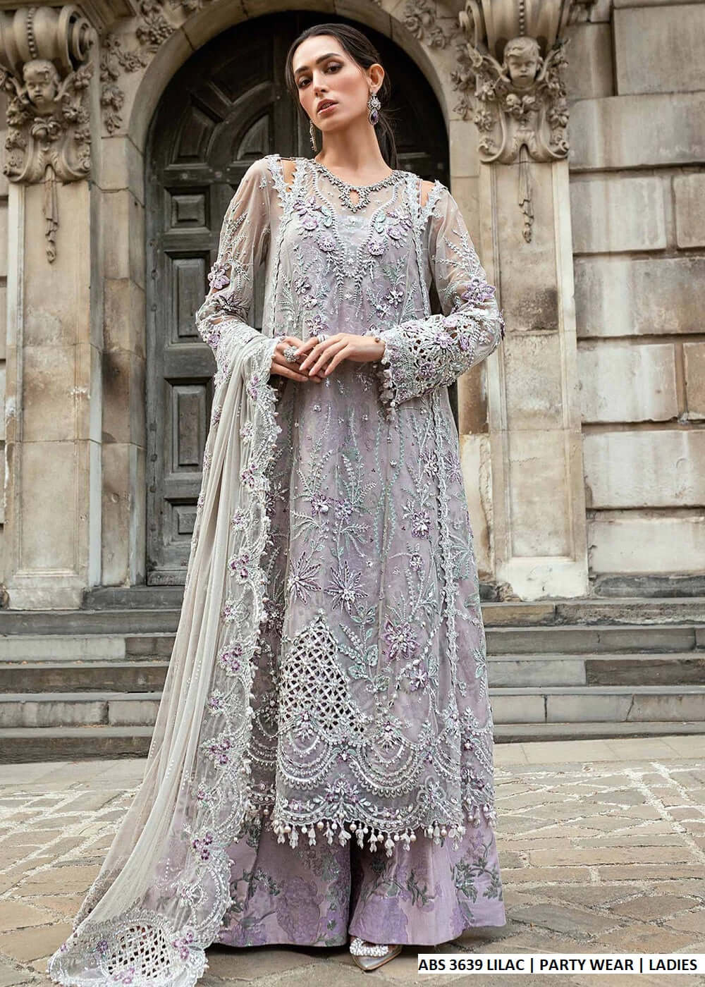 Soft net A-Line shirt plazo lilac - Pakistani women's formal party wear with viscose plazo and net dupatta front view