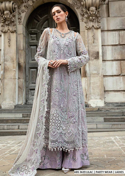 Soft net A-Line shirt plazo lilac - Pakistani women's formal party wear with viscose plazo and net dupatta front view