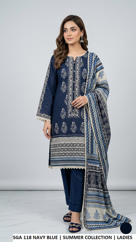 SGA 118 NAVY BLUE - Navy Blue Lawn A-Line 3-Piece Women's Pakistani Suit