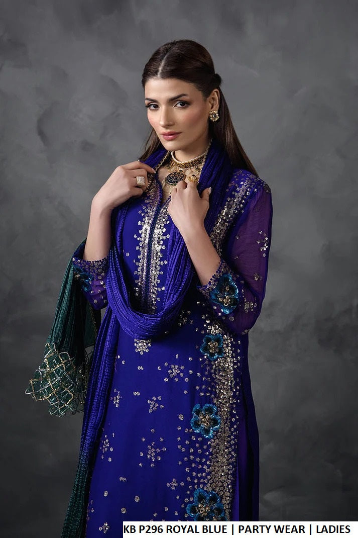 Pakistani women's royal blue crinkle chiffon luxury shirt detail view
