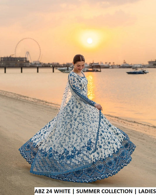 ABZ 24 WHITE - White Cotton Long Frock with Soft Net Dupatta for Women