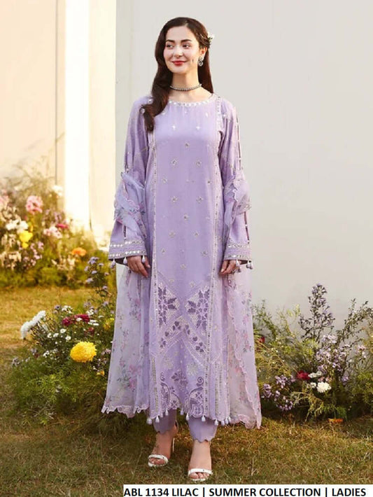 Cotton straight shirt lilac - Pakistani women's casual everyday outfit with organza dupatta front view
