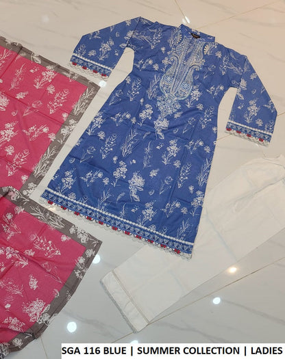 Pakistani women's blue lawn A-Line casual outfit back view