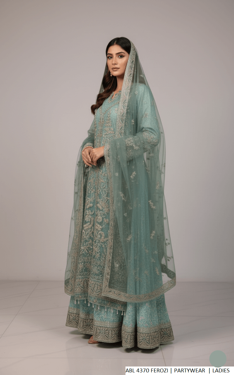 Pakistani women's ferozi organza long frock back view