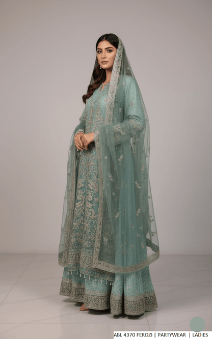 Pakistani women's ferozi organza long frock back view