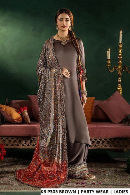 Gloss silk straight shirt farshi shalwar brown - Pakistani women's luxury formal wear with chermeuse silk dupatta front view