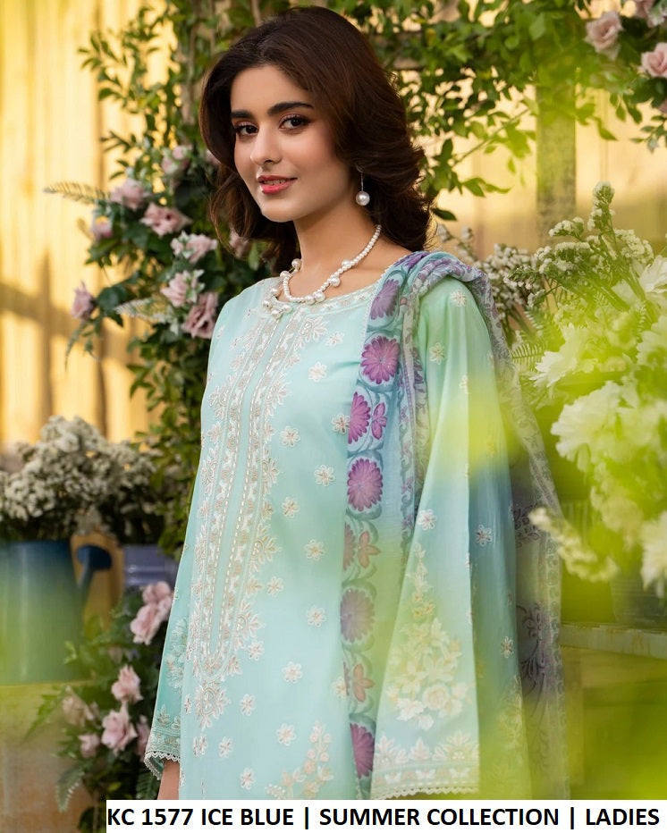 KC Sunehri 1577 Ice Blue - Ice Blue Cotton Embroidered 3-Piece Women's Pakistani Suit