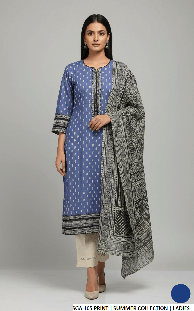 Lawn straight printed shirt - Pakistani women's casual summer outfit with cotton trouser and lawn dupatta front view