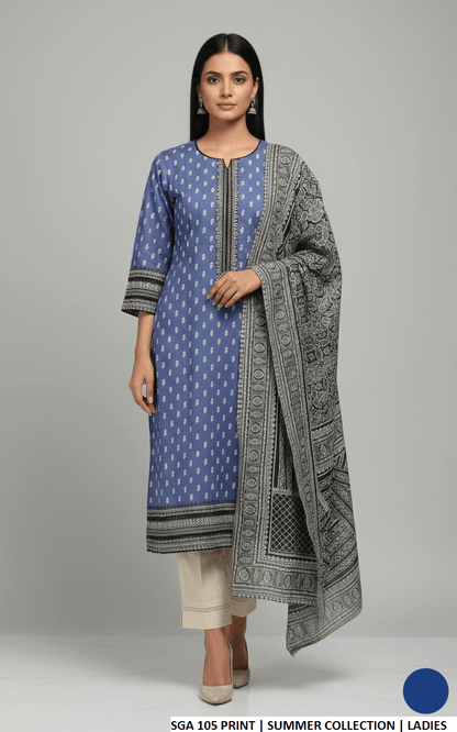 Lawn straight printed shirt - Pakistani women's casual summer outfit with cotton trouser and lawn dupatta front view