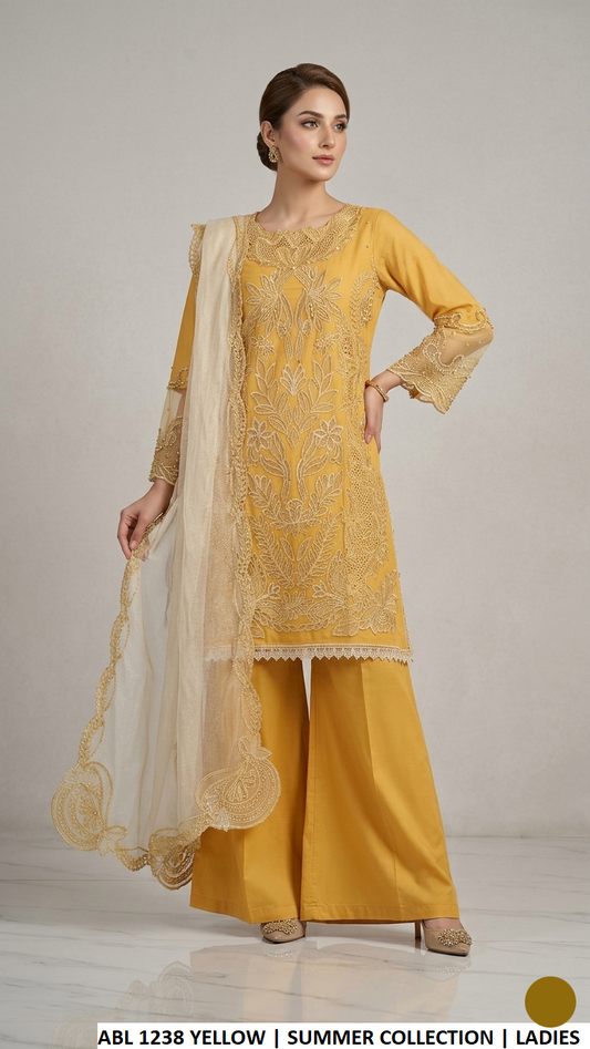 Cotton A-Line shirt plazo yellow - Pakistani women's casual outfit with organza karandi dupatta front view