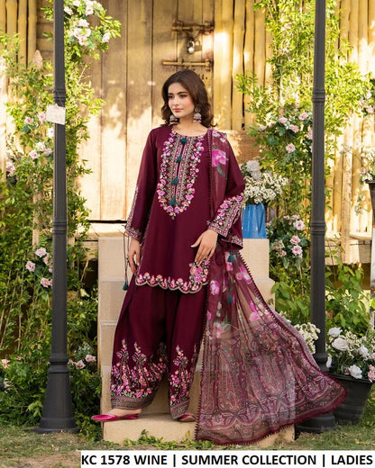 KC Sunehri 1578 Burgundy Wine - Burgundy Chiffon Embroidered 3-Piece Women's Pakistani Suit
