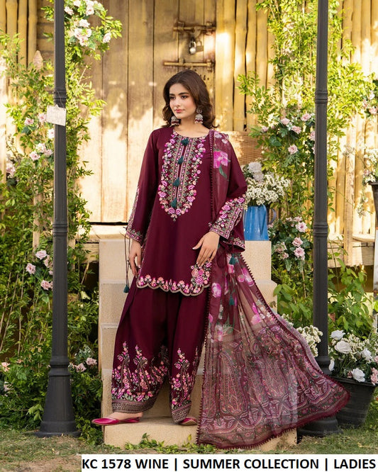 KC Sunehri 1578 Burgundy Wine - Burgundy Chiffon Embroidered 3-Piece Women's Pakistani Suit