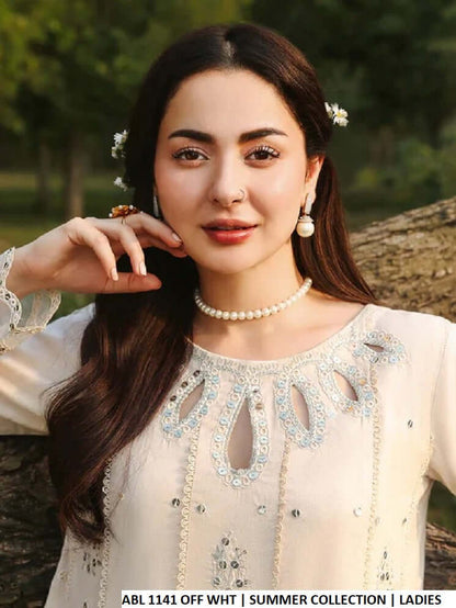 Off white cotton Pakistani women's long frock side view