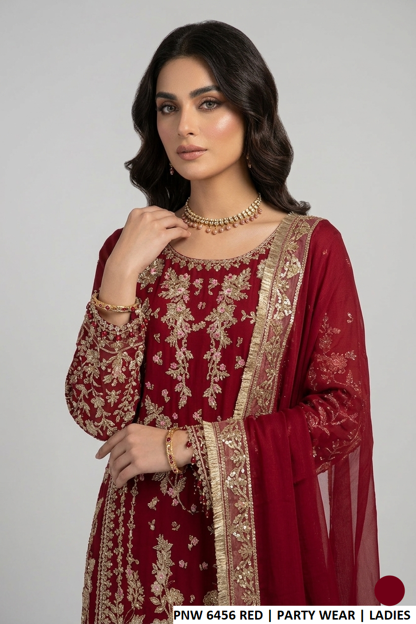 Red chiffon Pakistani women's straight shirt with viscose trouser side view
