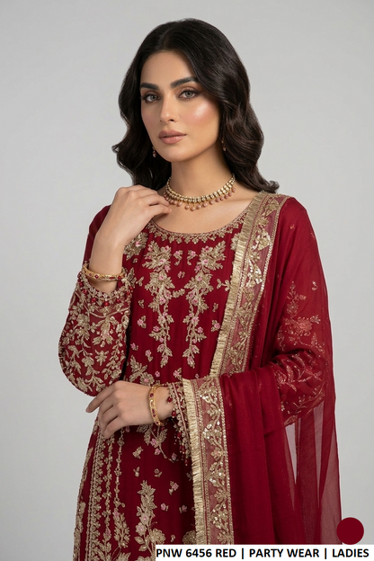 Red chiffon Pakistani women's straight shirt with viscose trouser side view