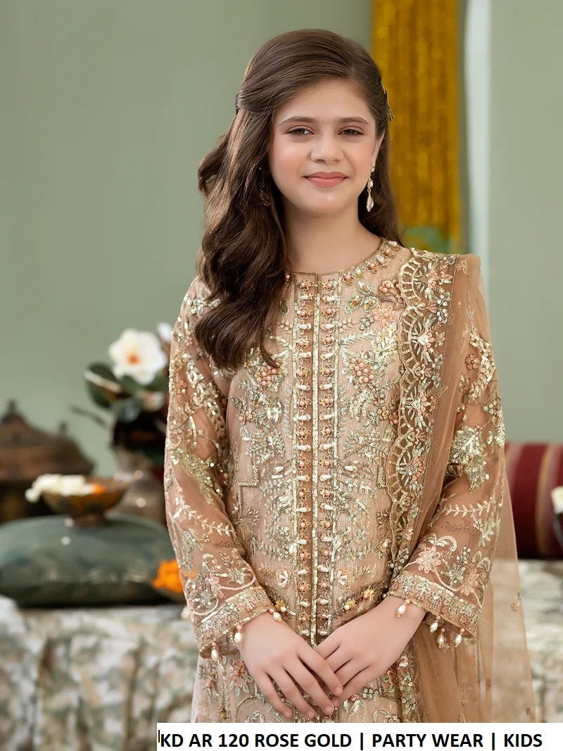 Rose gold net Pakistani girls long shirt with plazo side view