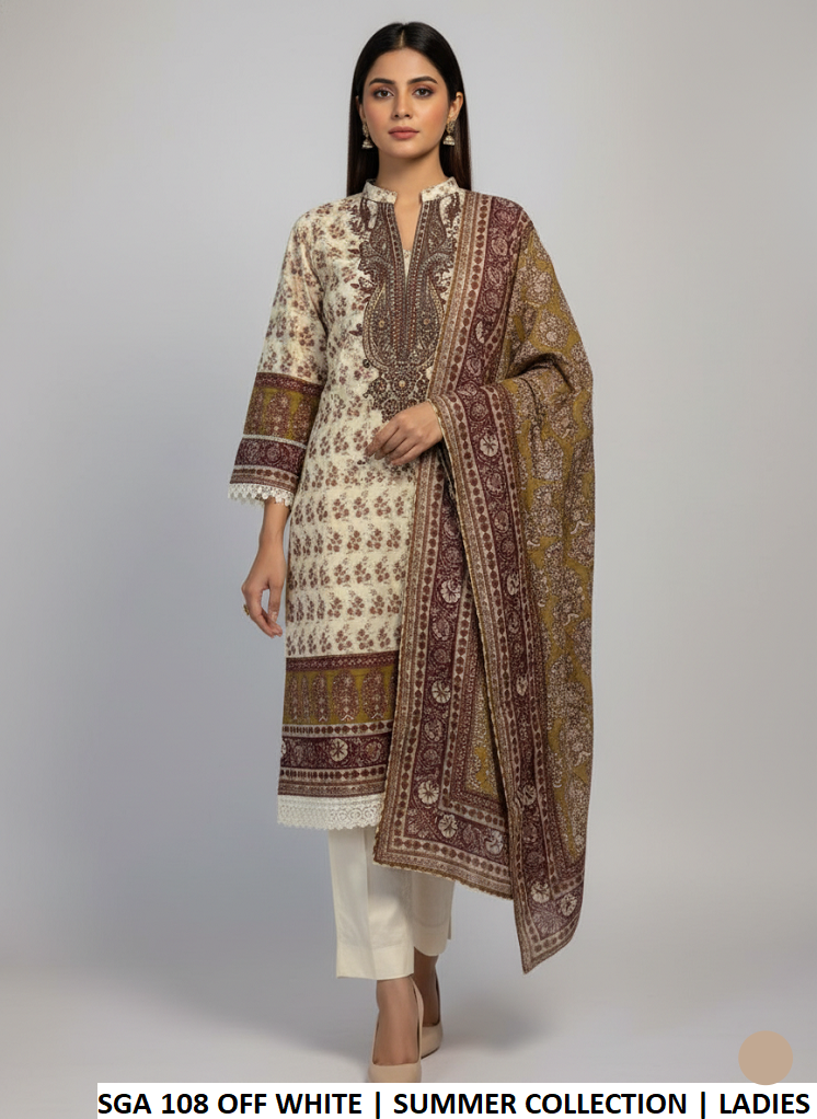 Lawn A-Line shirt off white - Pakistani women's casual summer outfit with cotton trouser and lawn dupatta front view