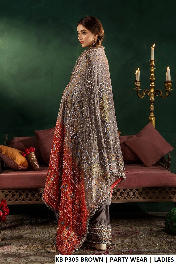 Pakistani women's brown gloss silk straight shirt farshi shalwar detail view