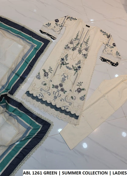 Pakistani women's off white cotton straight shirt with organza karandi dupatta back view