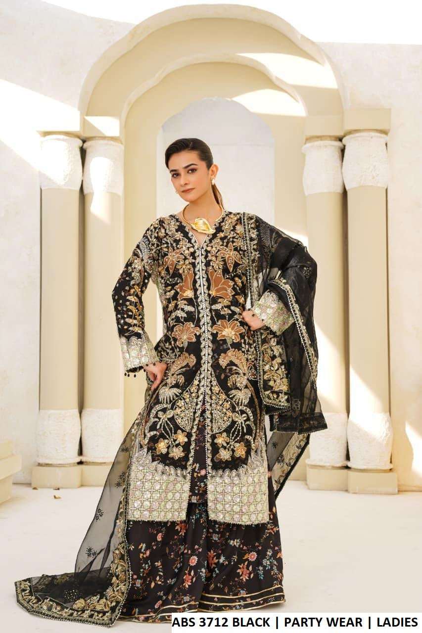 Pakistani women's black organza open shirt with digital printed plazo detail view