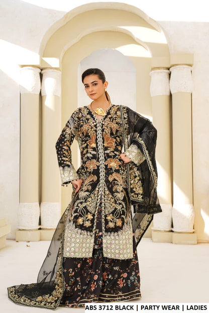 Pakistani women's black organza open shirt with digital printed plazo detail view