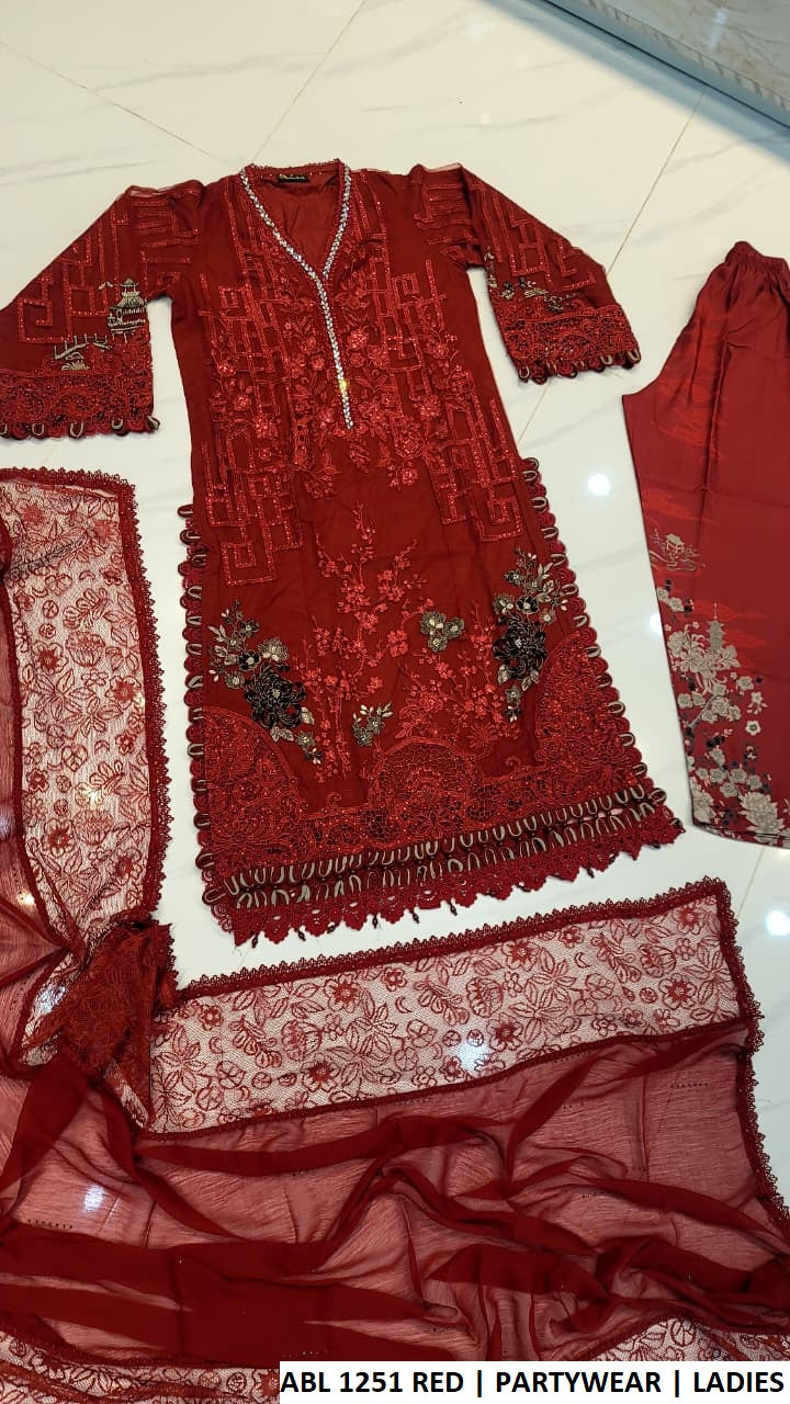 Pakistani women's red soft net straight shirt outfit back view