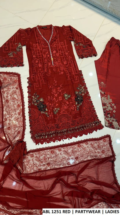 Pakistani women's red soft net straight shirt outfit back view