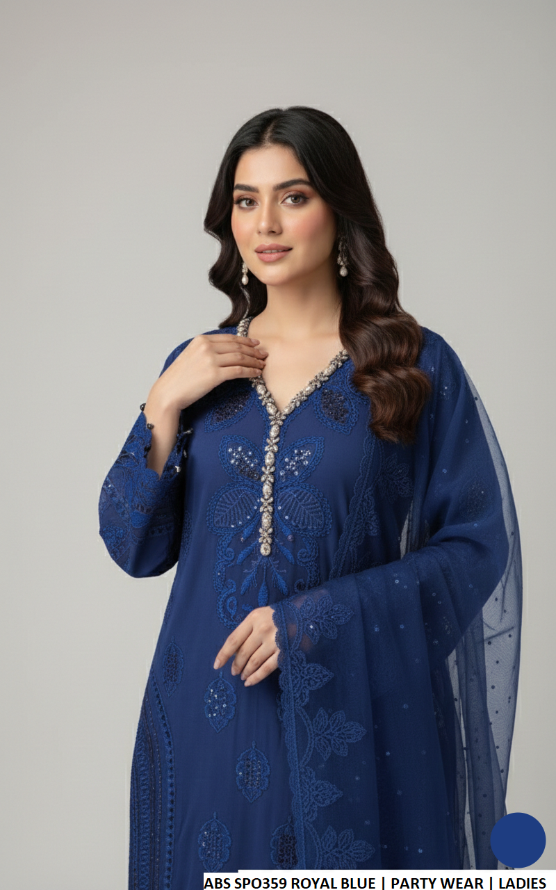 Royal blue chiffon Pakistani women's straight shirt side view