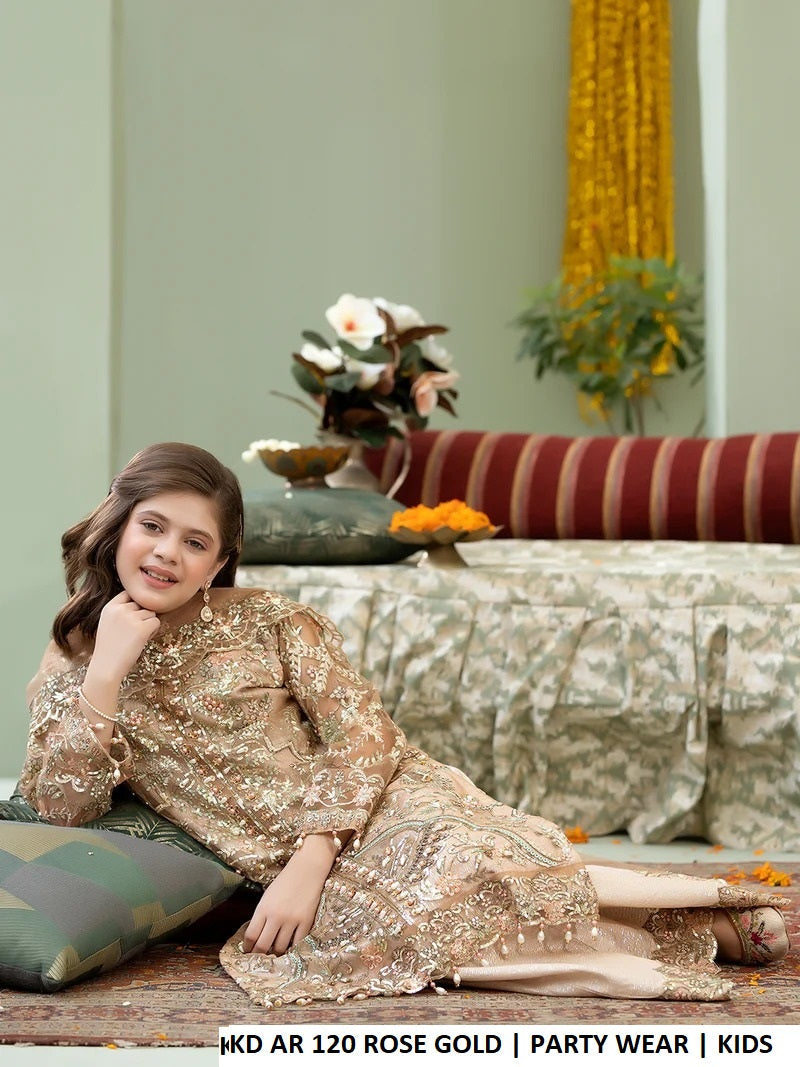 Pakistani girls rose gold net long shirt plazo outfit back view