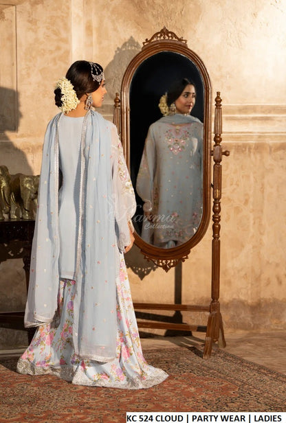 Pakistani women's cloud white georgette short shirt sharara back view