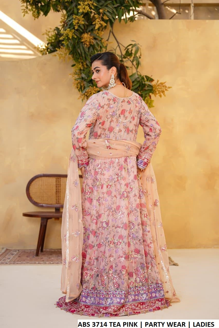 Pakistani women's tea pink chiffon long open frock back view