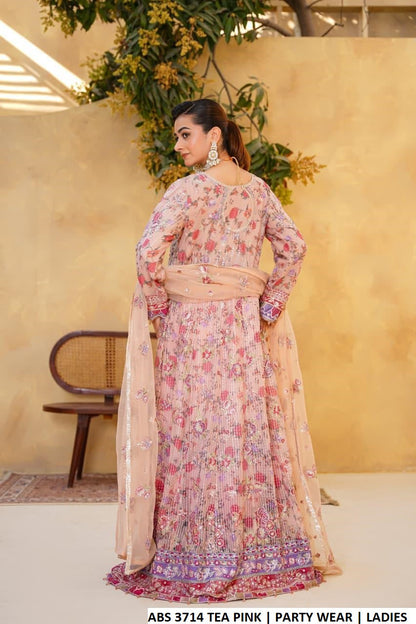 Pakistani women's tea pink chiffon long open frock back view