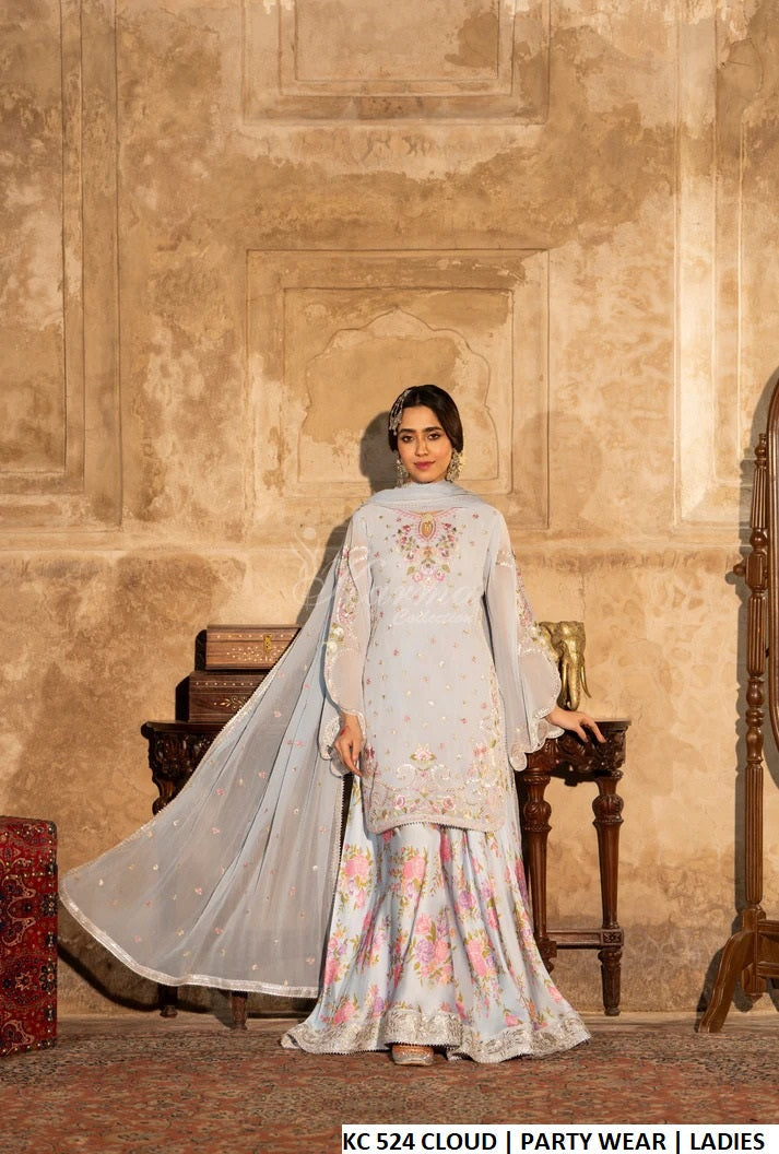 Georgette short shirt silk sharara cloud white - Pakistani women's festive outfit with silver gotta crinkle chiffon dupatta front view