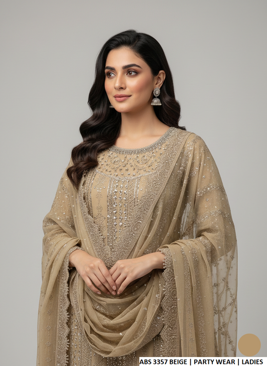 Beige chiffon Pakistani women's straight shirt side view