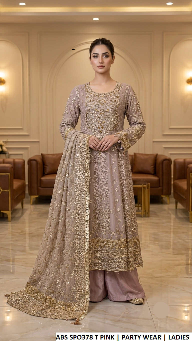 ABS SPO378 TEA PINK - Tea Pink Chiffon Long Frock 3-Piece Women's Pakistani Suit