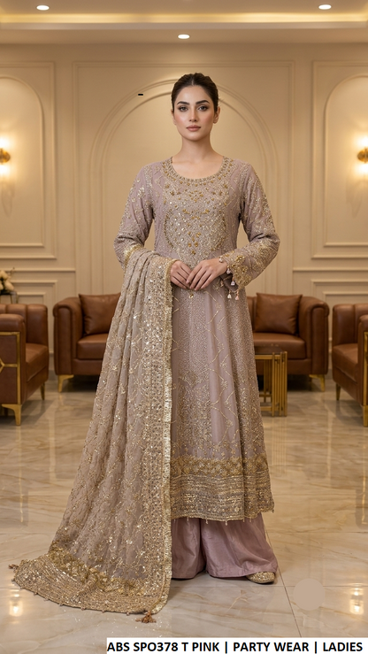 ABS SPO378 TEA PINK - Tea Pink Chiffon Long Frock 3-Piece Women's Pakistani Suit
