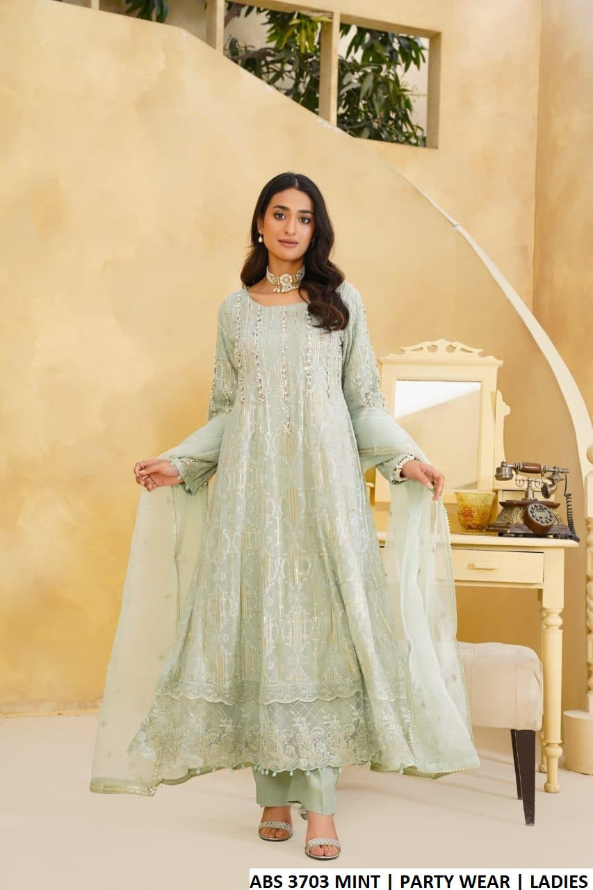 Pakistani women's mint green chiffon frock detail view