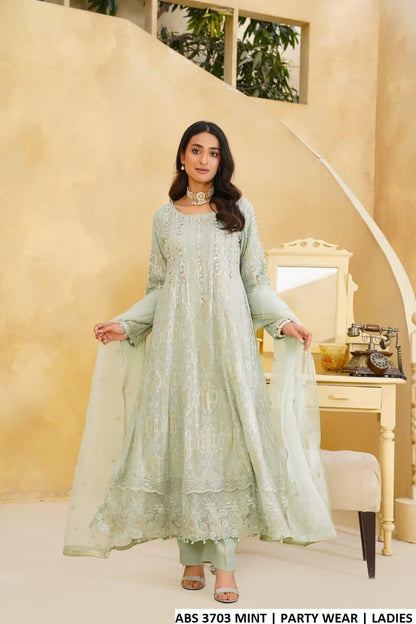 Pakistani women's mint green chiffon frock detail view