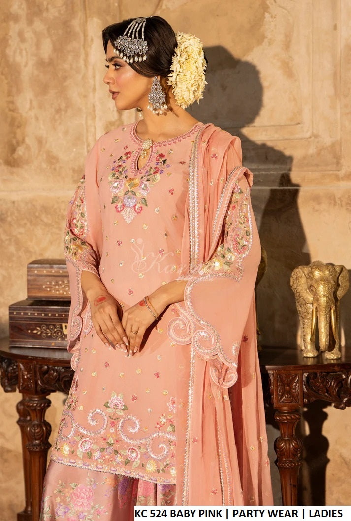 Baby pink georgette Pakistani women's short shirt with silk sharara side view