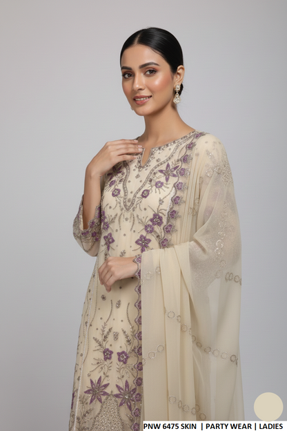 Skin chiffon Pakistani women's straight shirt with plazo side view