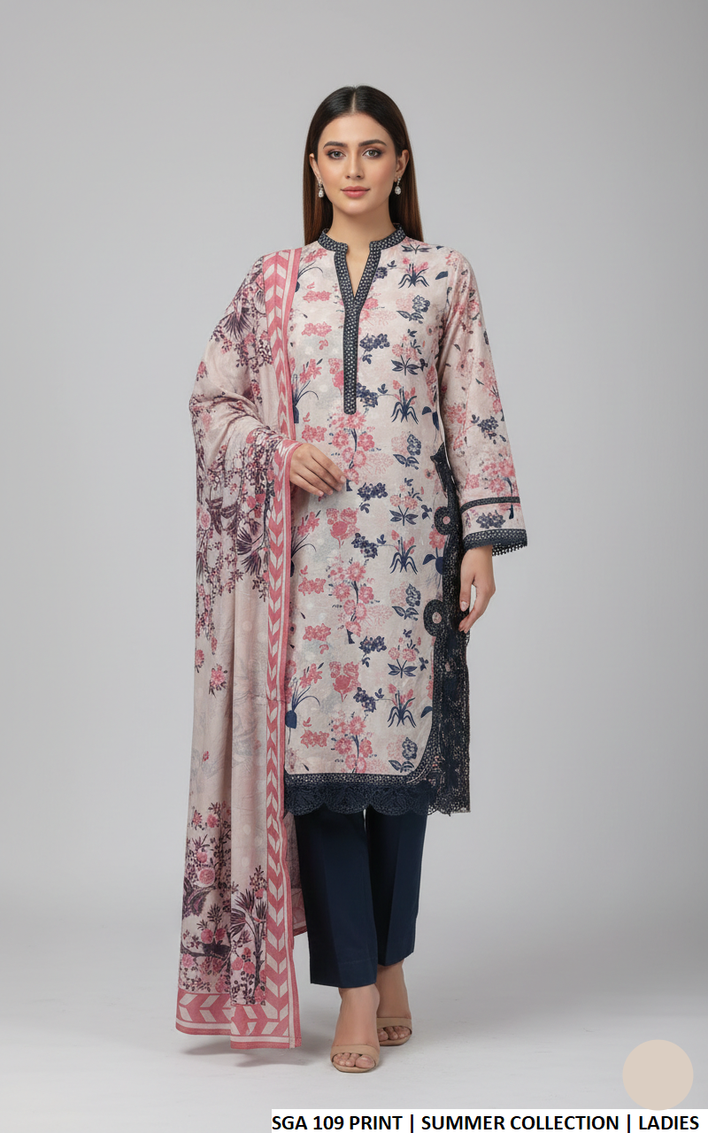 Lawn straight shirt printed - Pakistani women's casual summer outfit with cotton trouser and lawn dupatta front view