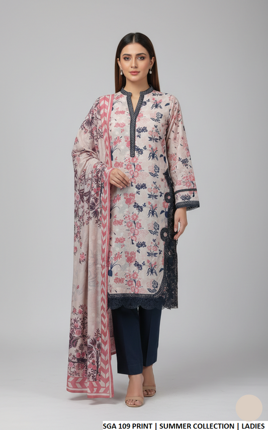 Lawn straight shirt printed - Pakistani women's casual summer outfit with cotton trouser and lawn dupatta front view