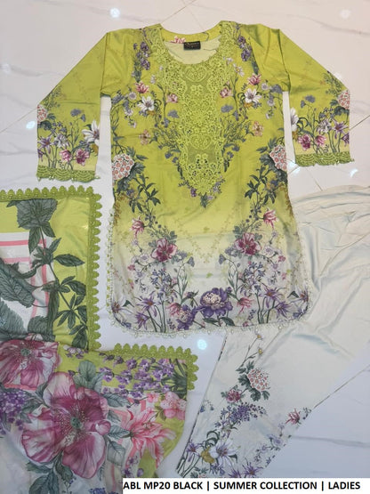 Pakistani women's parrot green poly lawn straight shirt back view