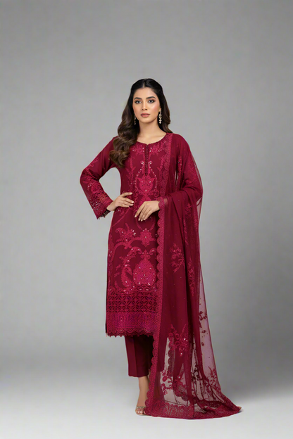 Organza straight shirt maroon - Pakistani women's elegant formal wear with viscose trouser and organza dupatta front view